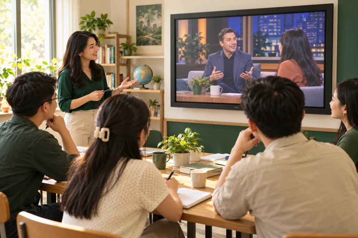 Minh họa nhóm học viên học tiếng Anh qua video và thảo luận